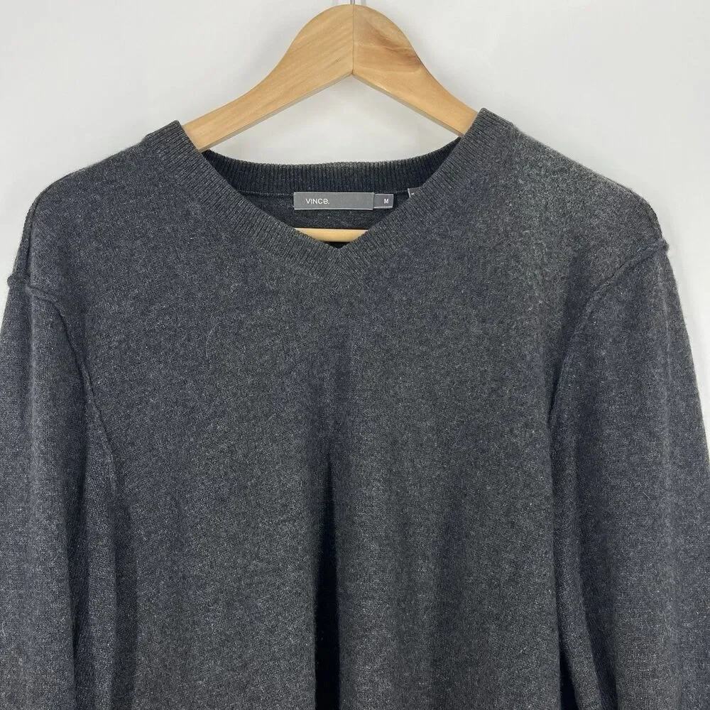 Vince Cashmere Sweater Size Medium Mens Gray Raglan Pullover Elbow Patch V Neck